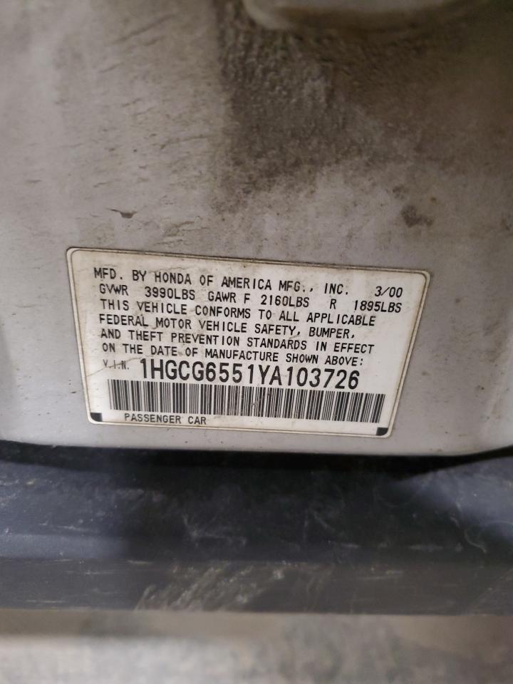 2000 Honda Accord Lx VIN: 1HGCG6551YA103726 Lot: 84648204