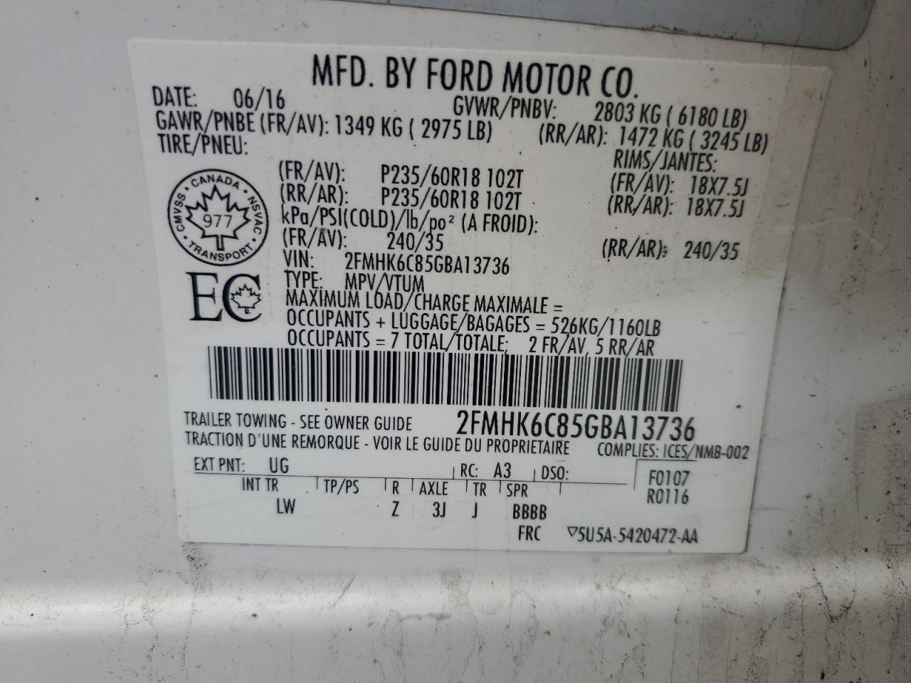 VIN 2FMHK6C85GBA13736 2016 FORD FLEX no.14