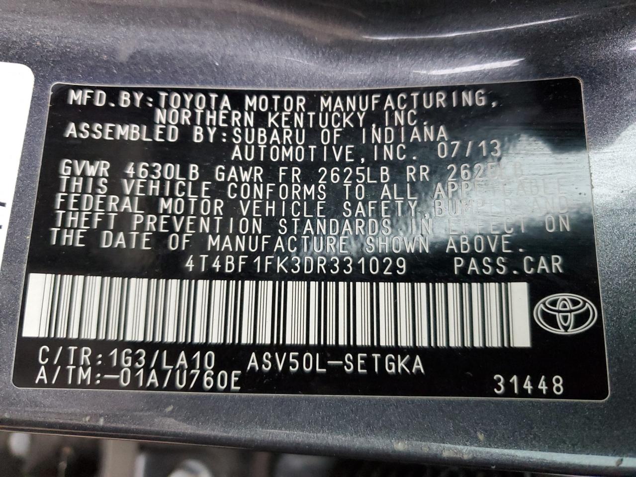 VIN 4T4BF1FK3DR331029 2013 TOYOTA CAMRY no.13