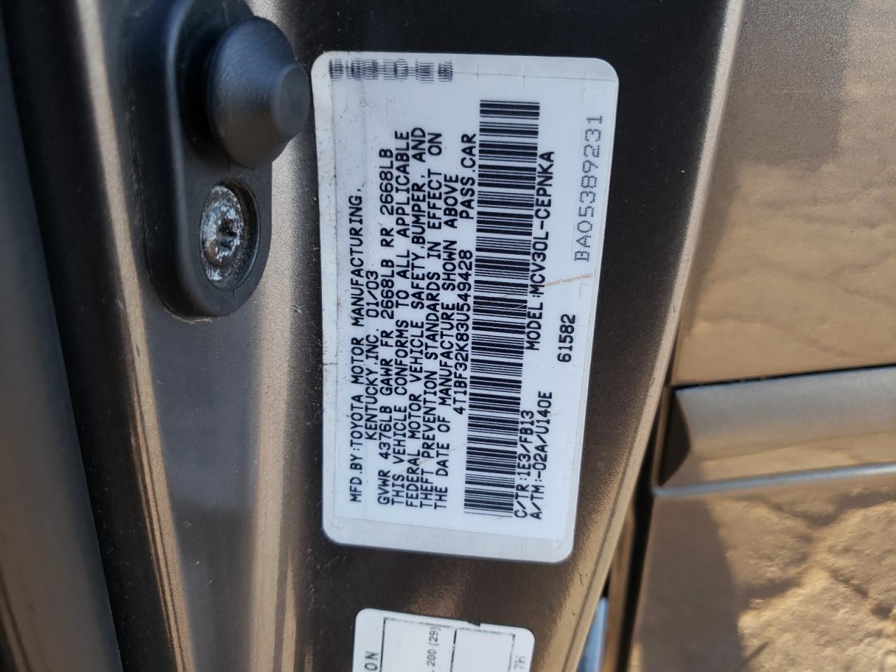 2003 Toyota Camry Le VIN: 4T1BF32K83U549428 Lot: 82811834