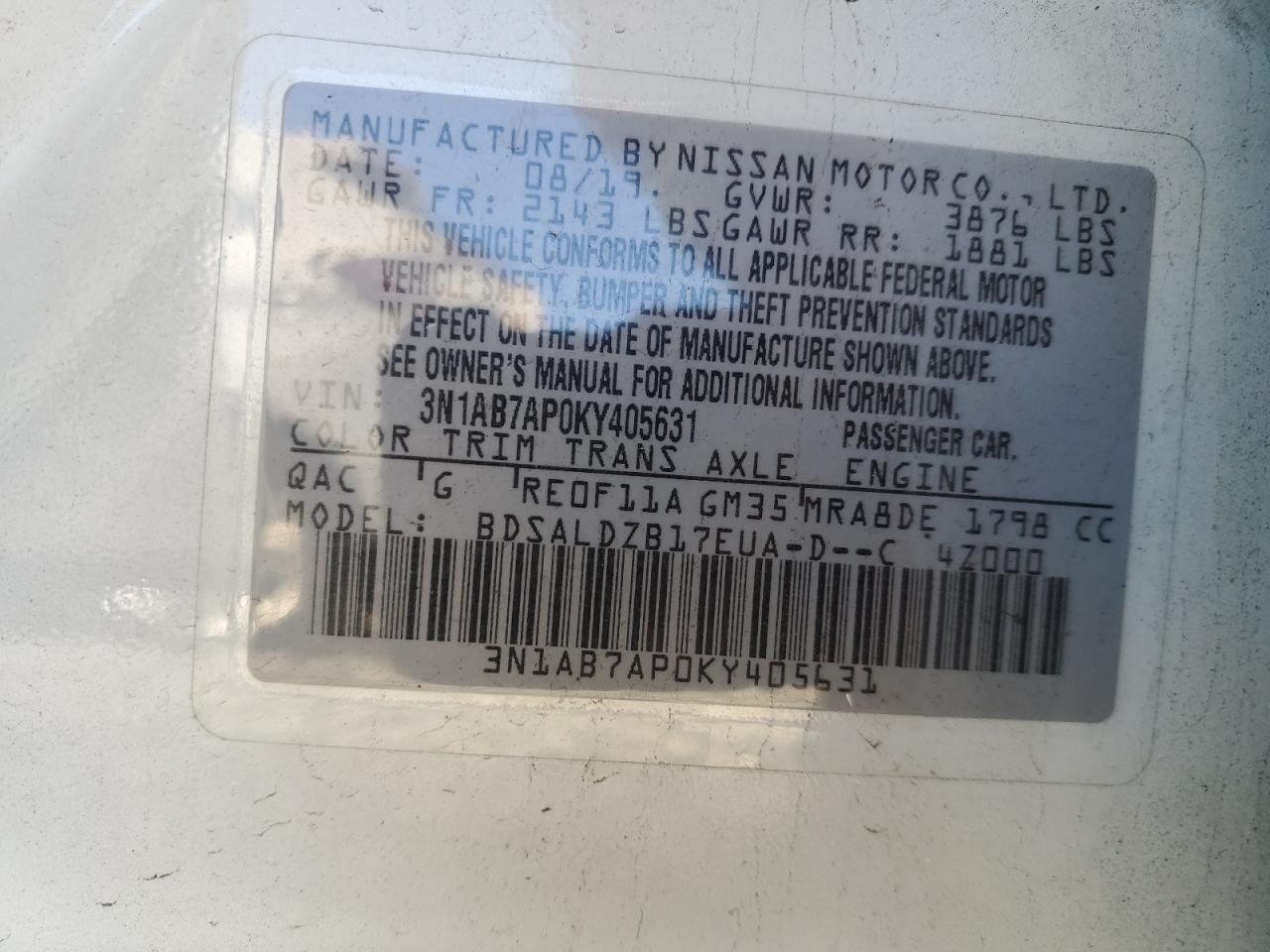 VIN 3N1AB7AP0KY405631 2019 NISSAN SENTRA no.12