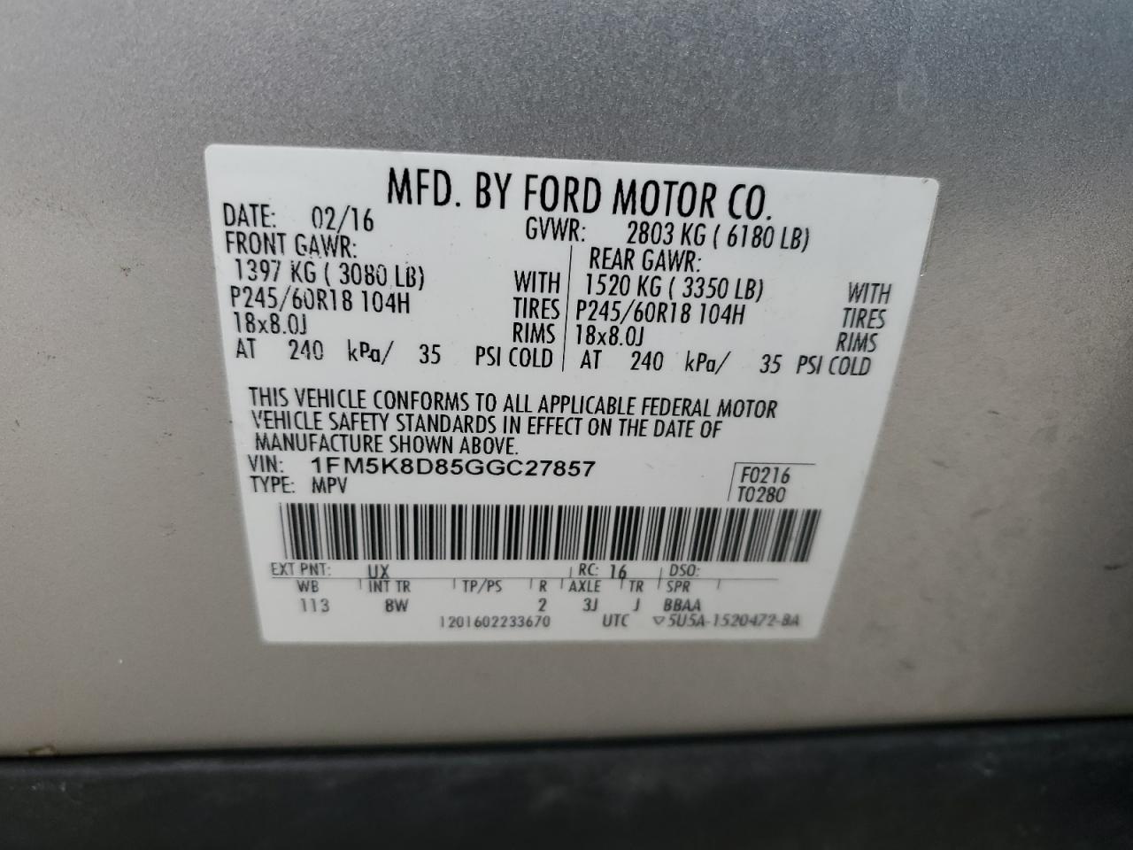 VIN 1FM5K8D85GGC27857 2016 FORD EXPLORER no.13