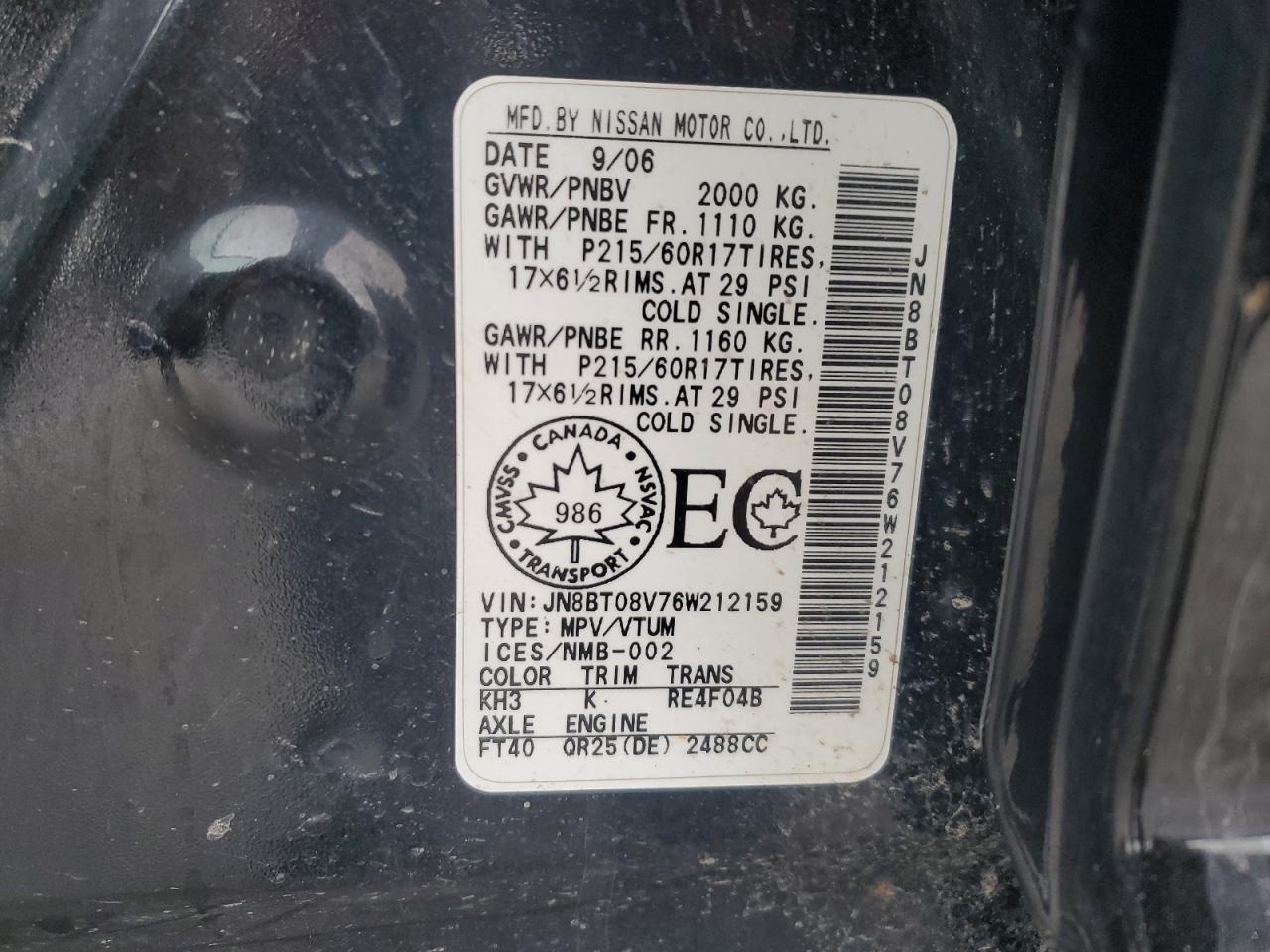 2006 Nissan X-Trail Xe VIN: JN8BT08V76W212159 Lot: 86215994