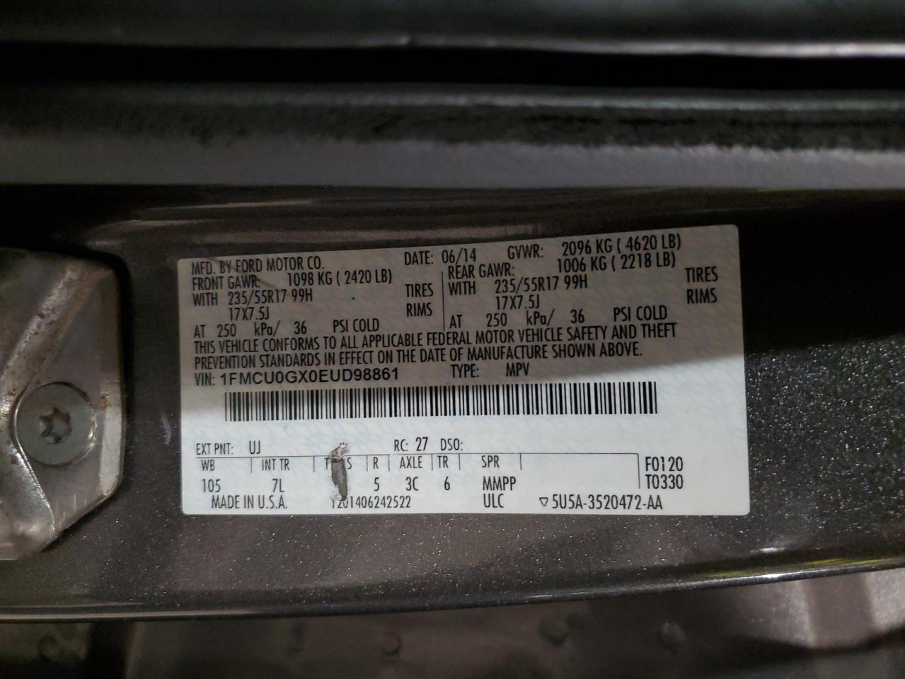 VIN 1FMCU0GX0EUD98861 2014 FORD ESCAPE no.13