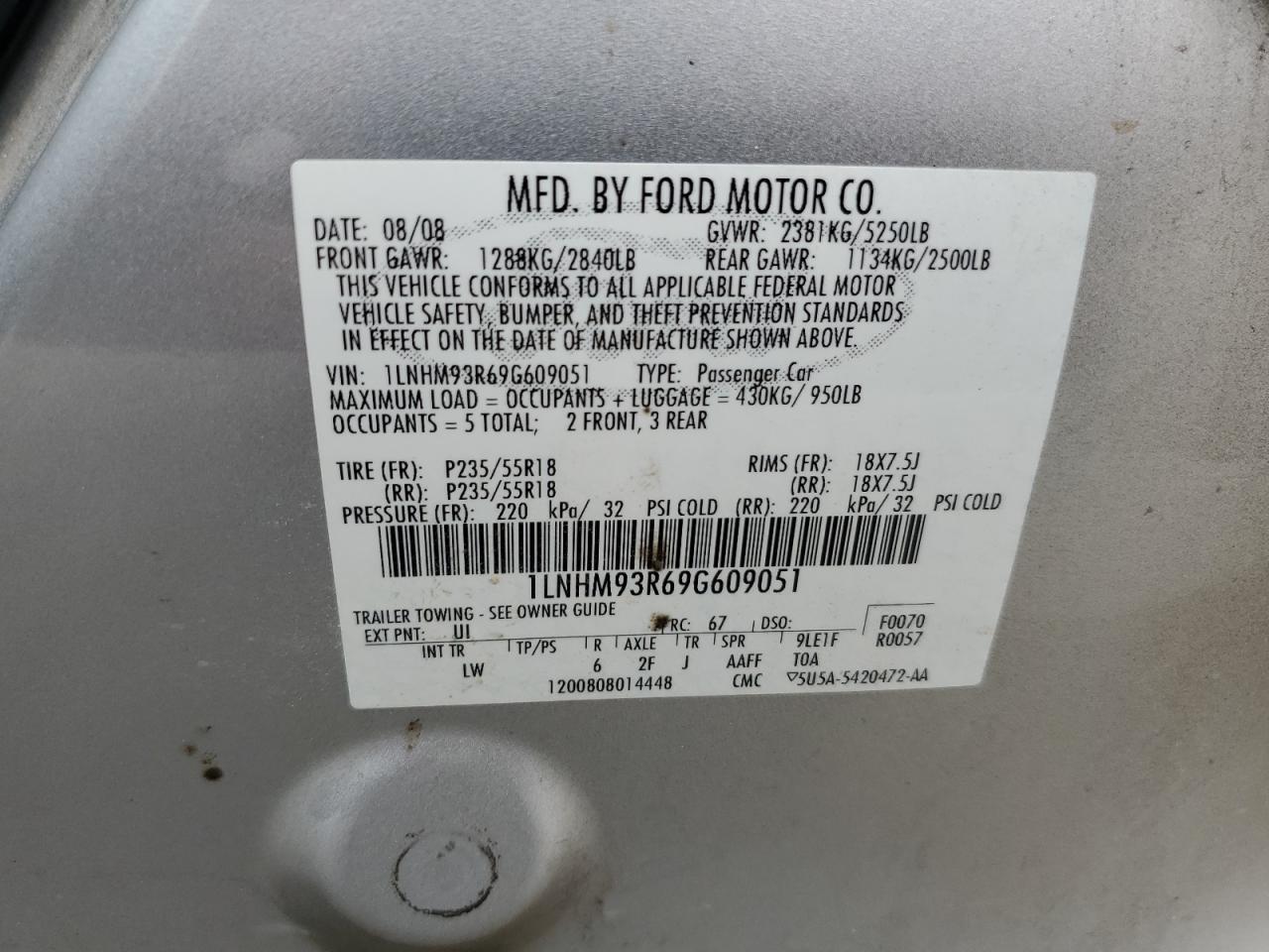 2009 Lincoln Mks VIN: 1LNHM93R69G609051 Lot: 86101264