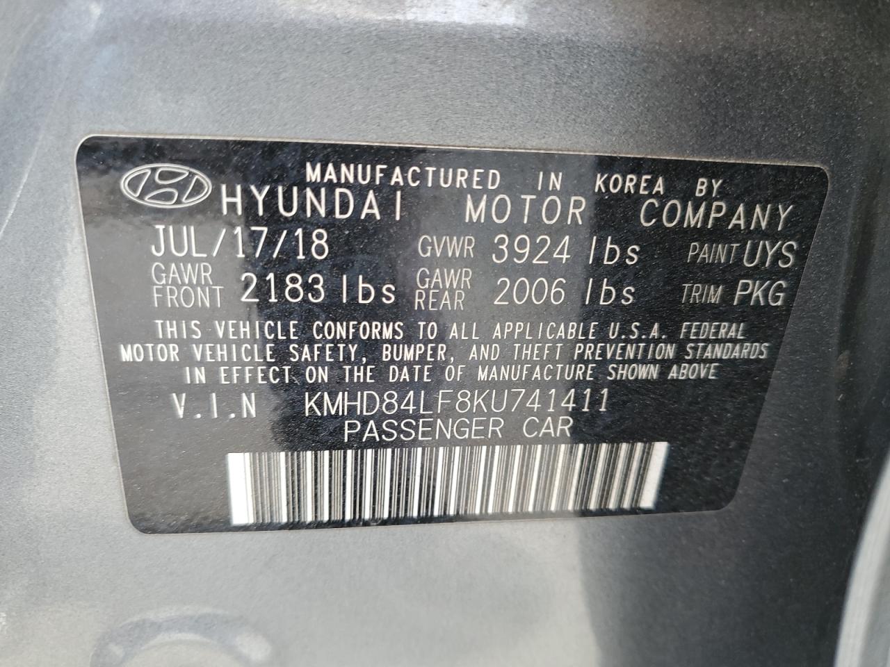 VIN KMHD84LF8KU741411 2019 HYUNDAI ELANTRA no.13