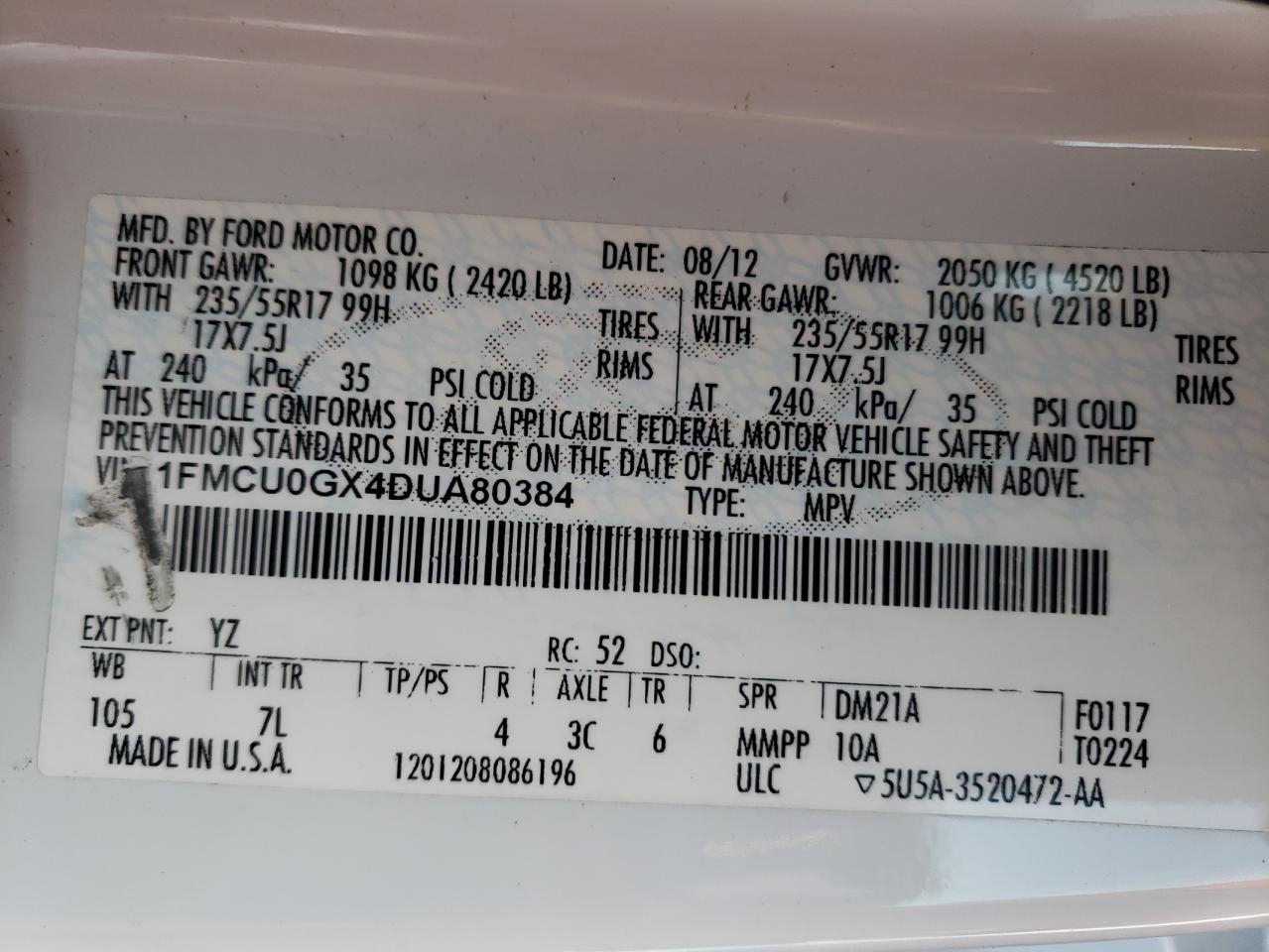 VIN 1FMCU0GX4DUA80384 2013 FORD ESCAPE no.14