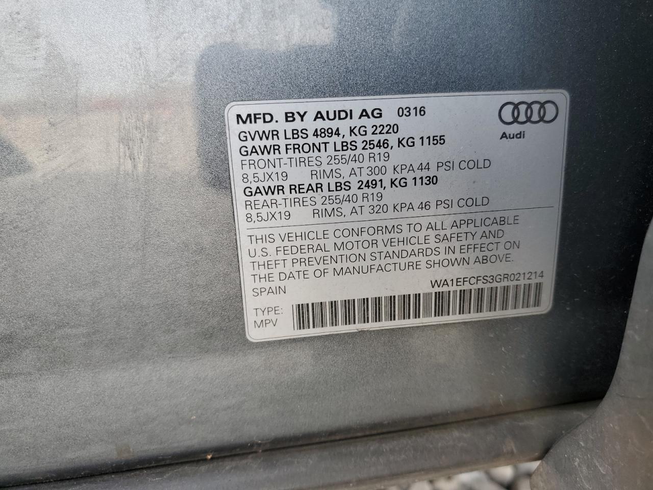 2016 Audi Q3 Premium Plus VIN: WA1EFCFS3GR021214 Lot: 85542994