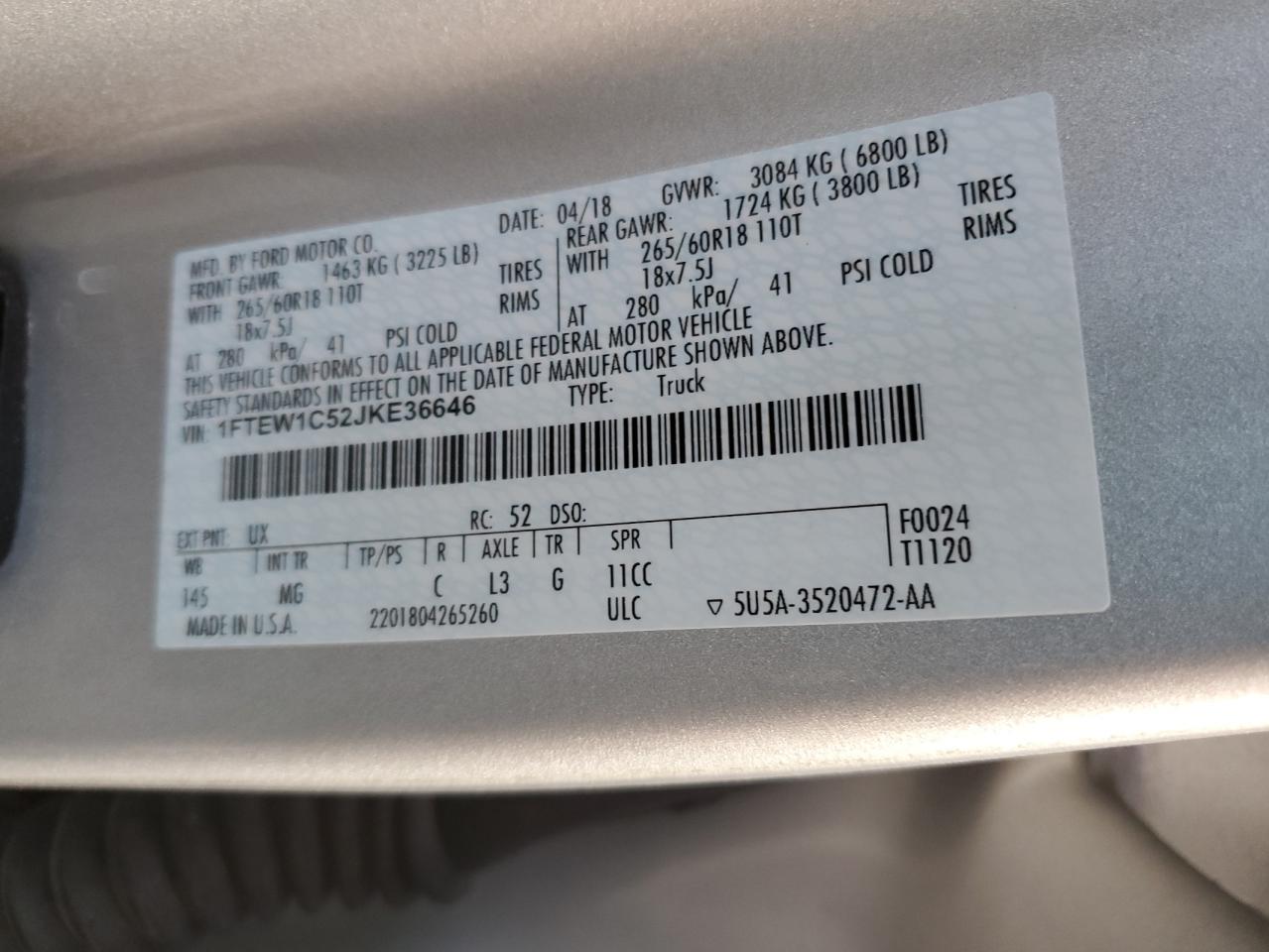 2018 Ford F150 Supercrew VIN: 1FTEW1C52JKE36646 Lot: 85714504