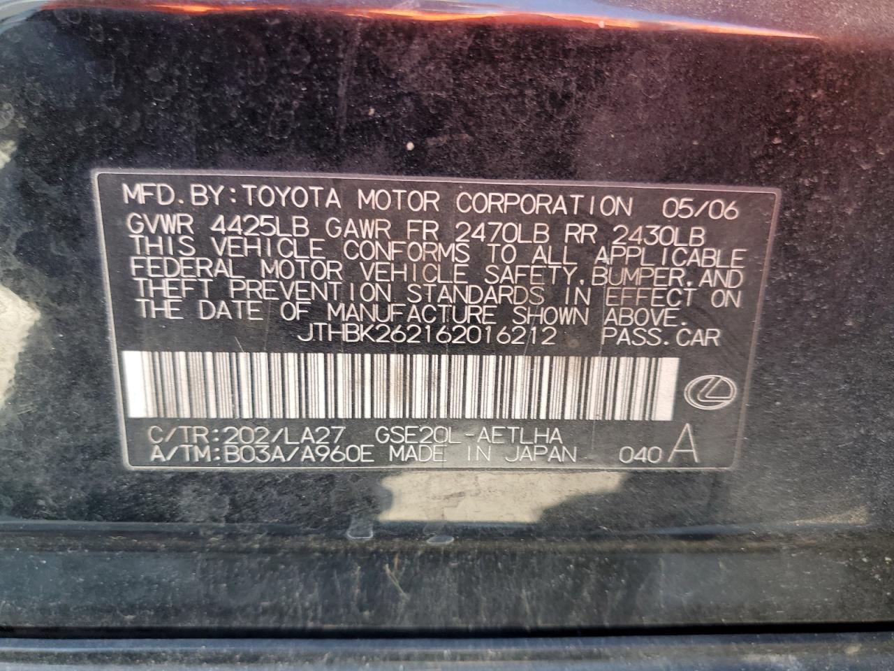 2006 Lexus Is 250 VIN: JTHBK262162016212 Lot: 86050894