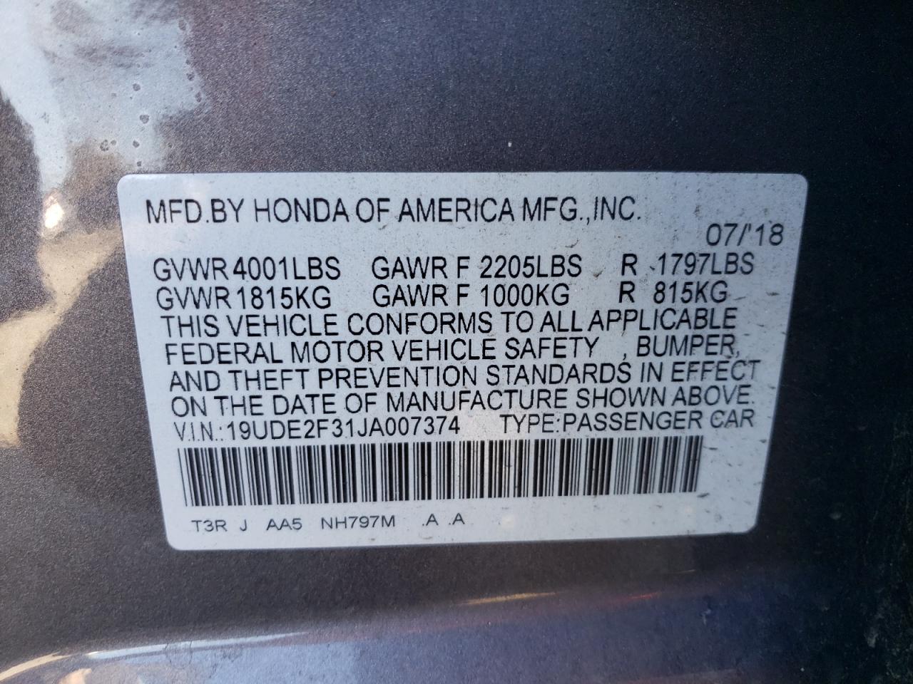 VIN 19UDE2F31JA007374 2018 ACURA ILX no.13