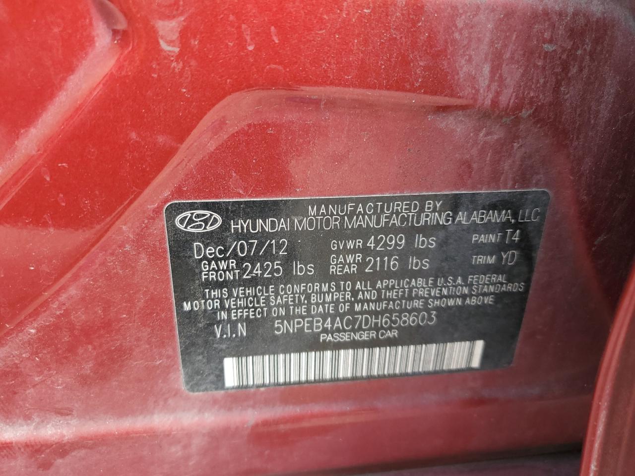 2013 Hyundai Sonata Gls VIN: 5NPEB4AC7DH658603 Lot: 85062384