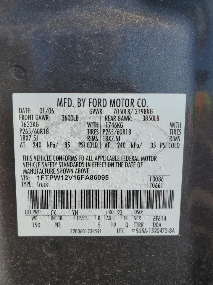 2006 Ford F150 Supercrew VIN: 1FTPW12V16FA86095 Lot: 83349044