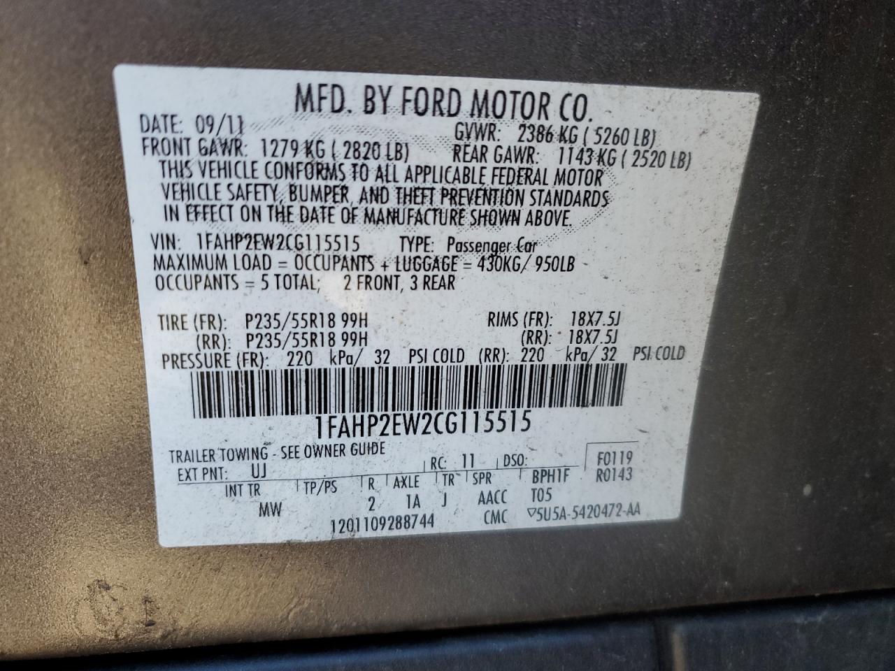 2012 Ford Taurus Sel VIN: 1FAHP2EW2CG115515 Lot: 86634654