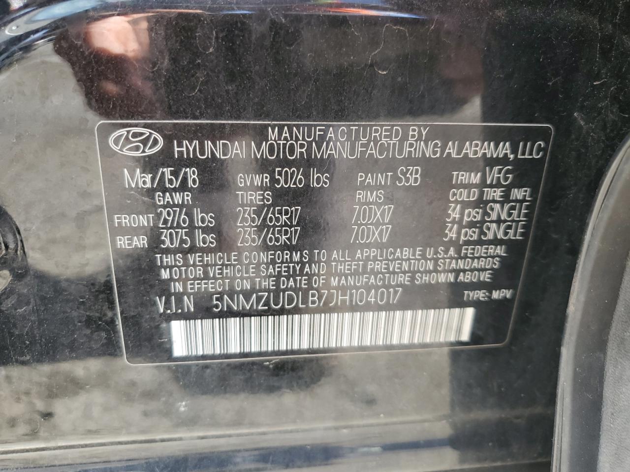 VIN 5NMZUDLB7JH104017 2018 HYUNDAI SANTA FE no.13