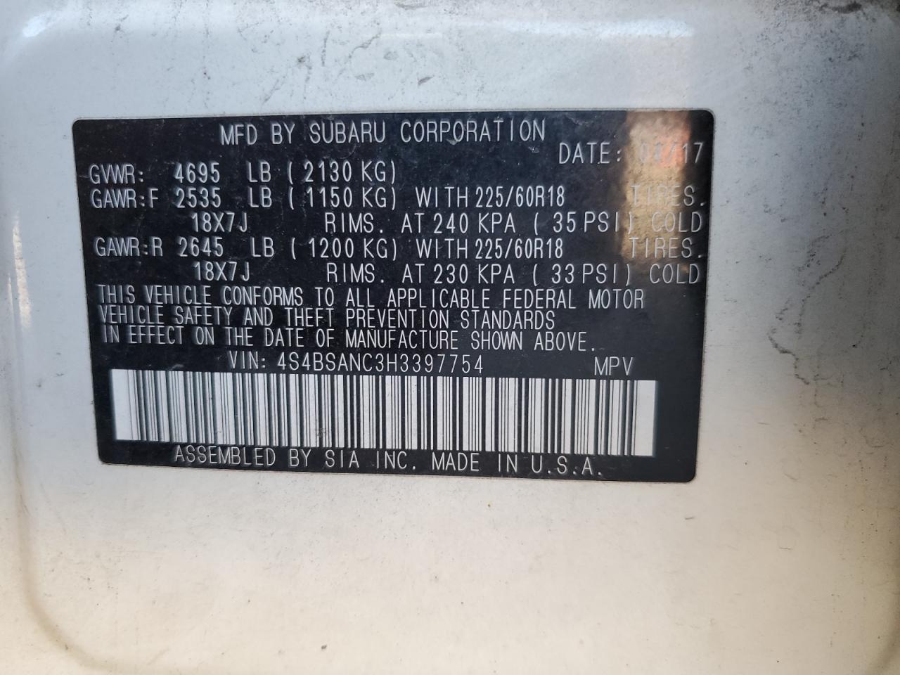 VIN 4S4BSANC3H3397754 2017 SUBARU OUTBACK no.13