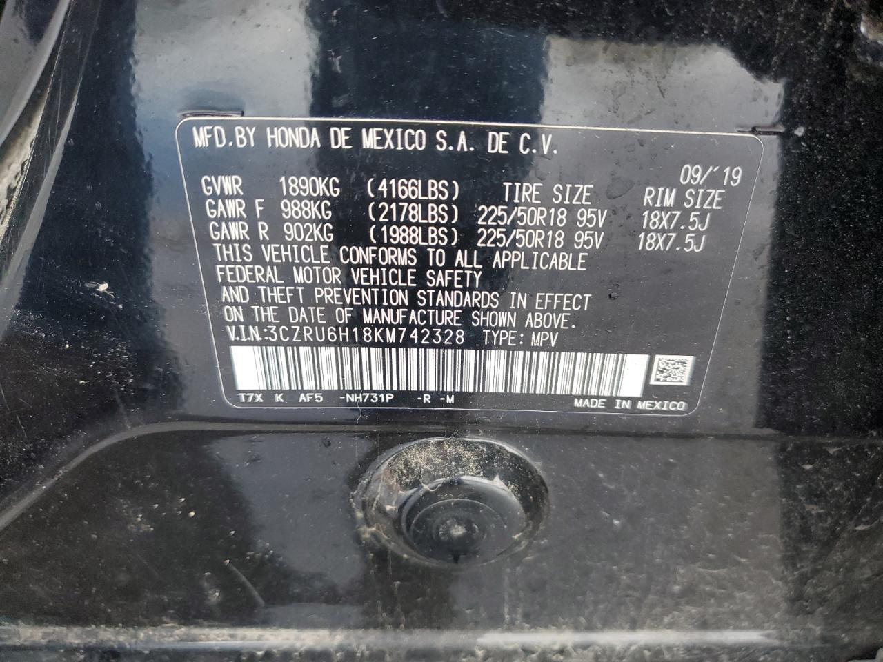 VIN 3CZRU6H18KM742328 2019 HONDA HR-V no.14