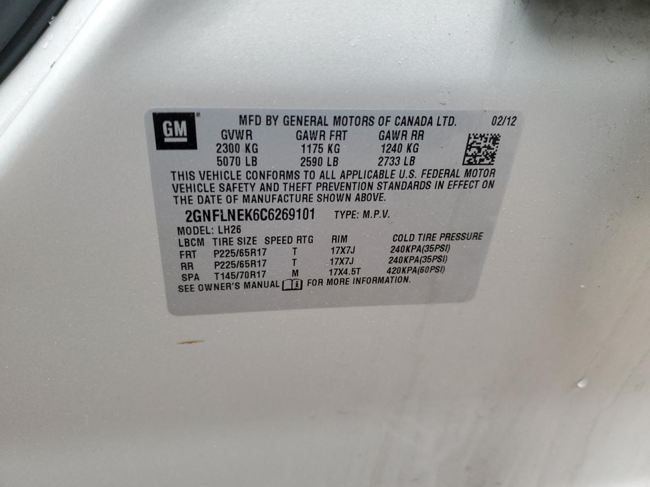 2012 Chevrolet Equinox Lt VIN: 2GNFLNEK6C6269101 Lot: 86564214