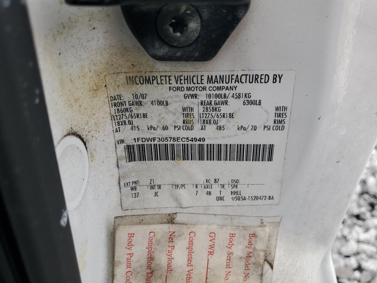 2008 Ford F350 Srw Super Duty VIN: 1FDWF30578EC54949 Lot: 83001704