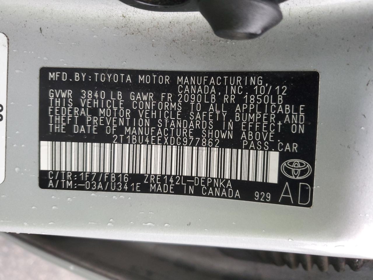 VIN 2T1BU4EEXDC977862 2013 TOYOTA COROLLA no.12