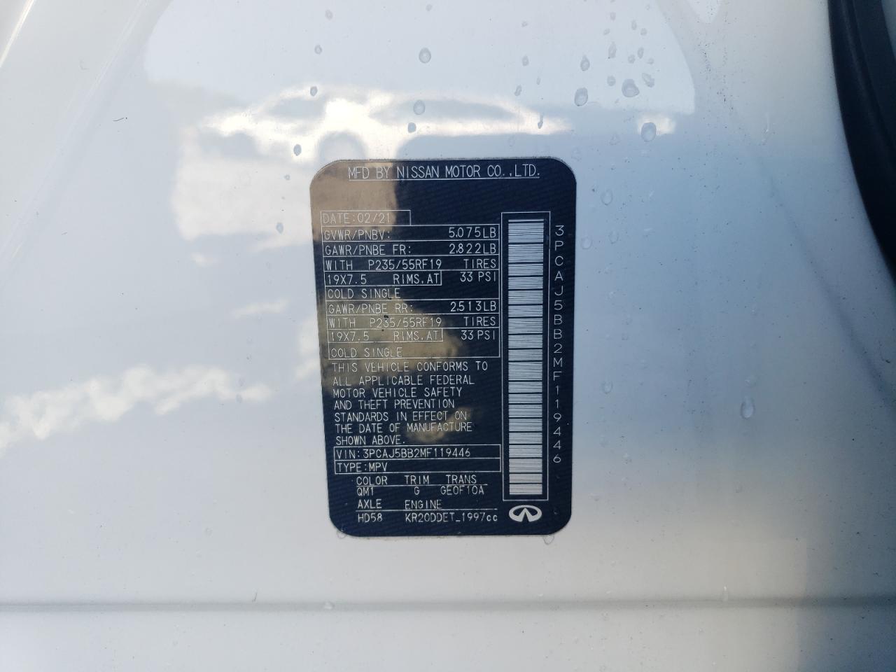 2021 Infiniti Qx50 Luxe VIN: 3PCAJ5BB2MF119446 Lot: 85268864