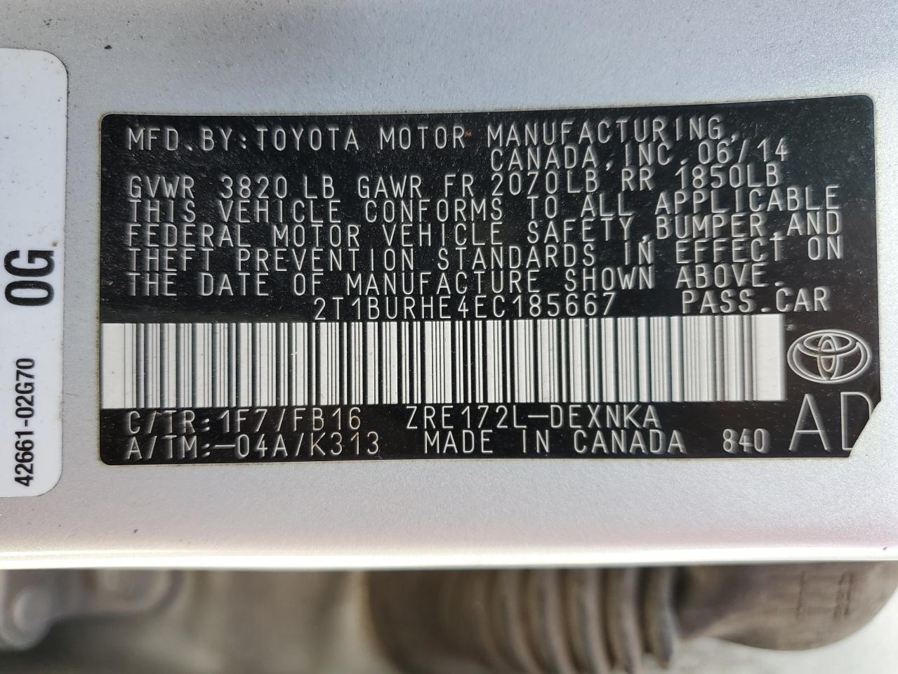 VIN 2T1BURHE4EC185667 2014 TOYOTA COROLLA no.12