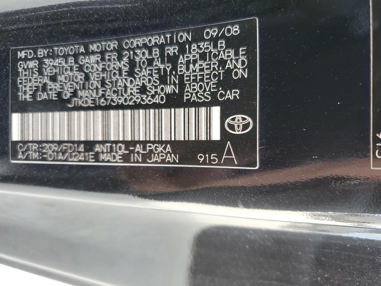 2009 Toyota Scion Tc VIN: JTKDE167390293640 Lot: 86752484