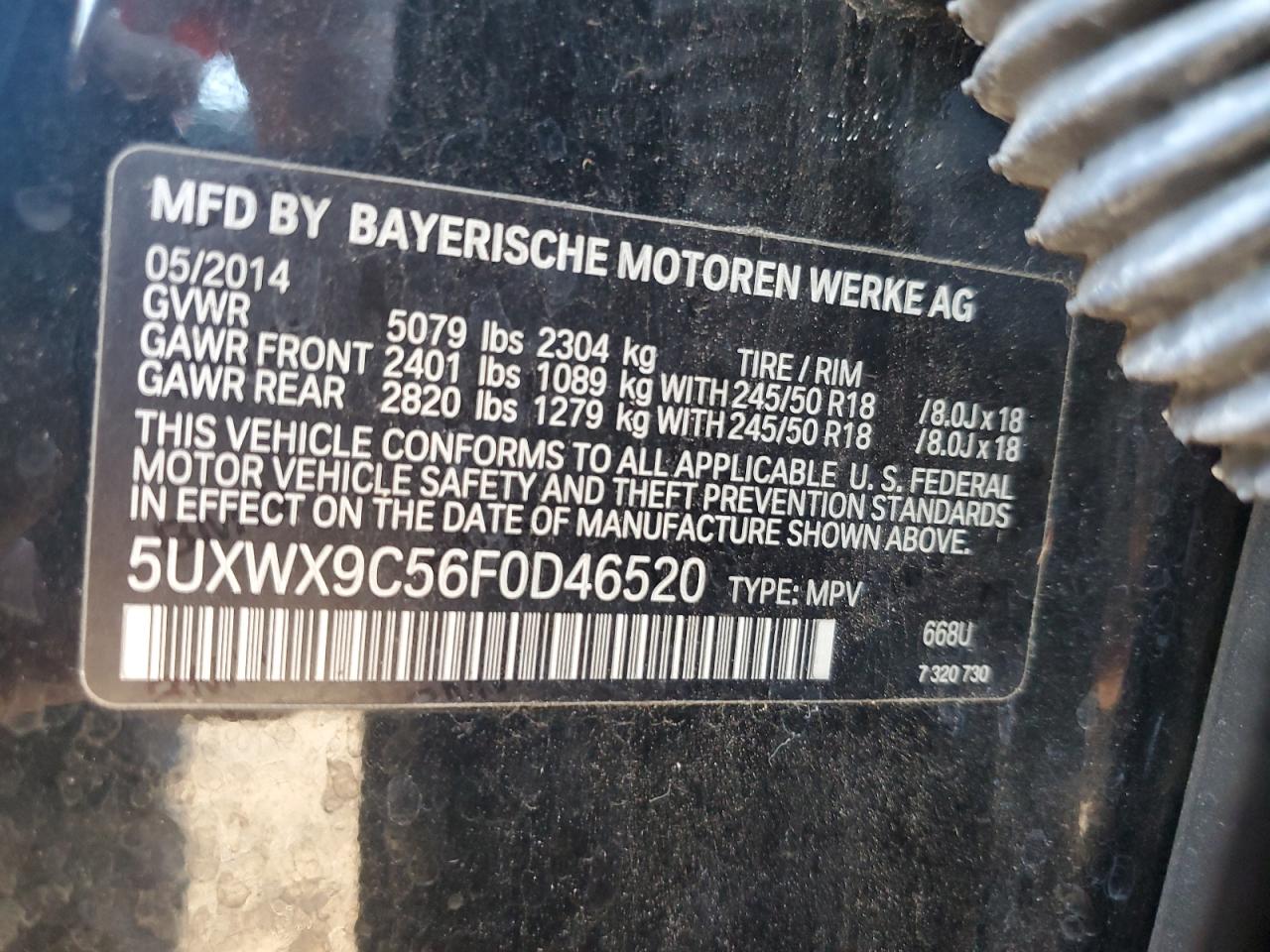 2015 BMW X3 xDrive28I VIN: 5UXWX9C56F0D46520 Lot: 83043184