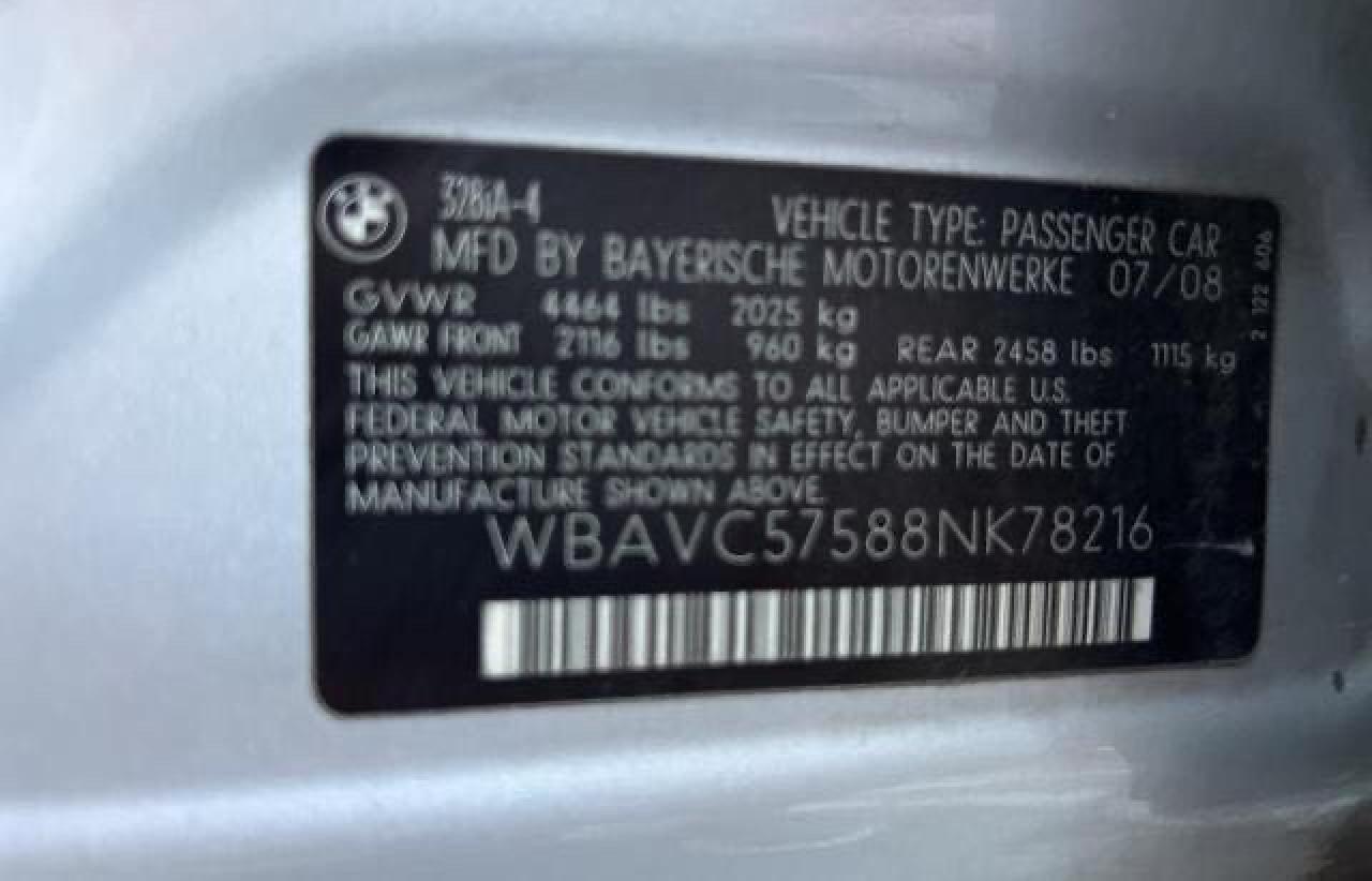 2008 BMW 328 I Sulev VIN: WBAVC57588NK78216 Lot: 84771344