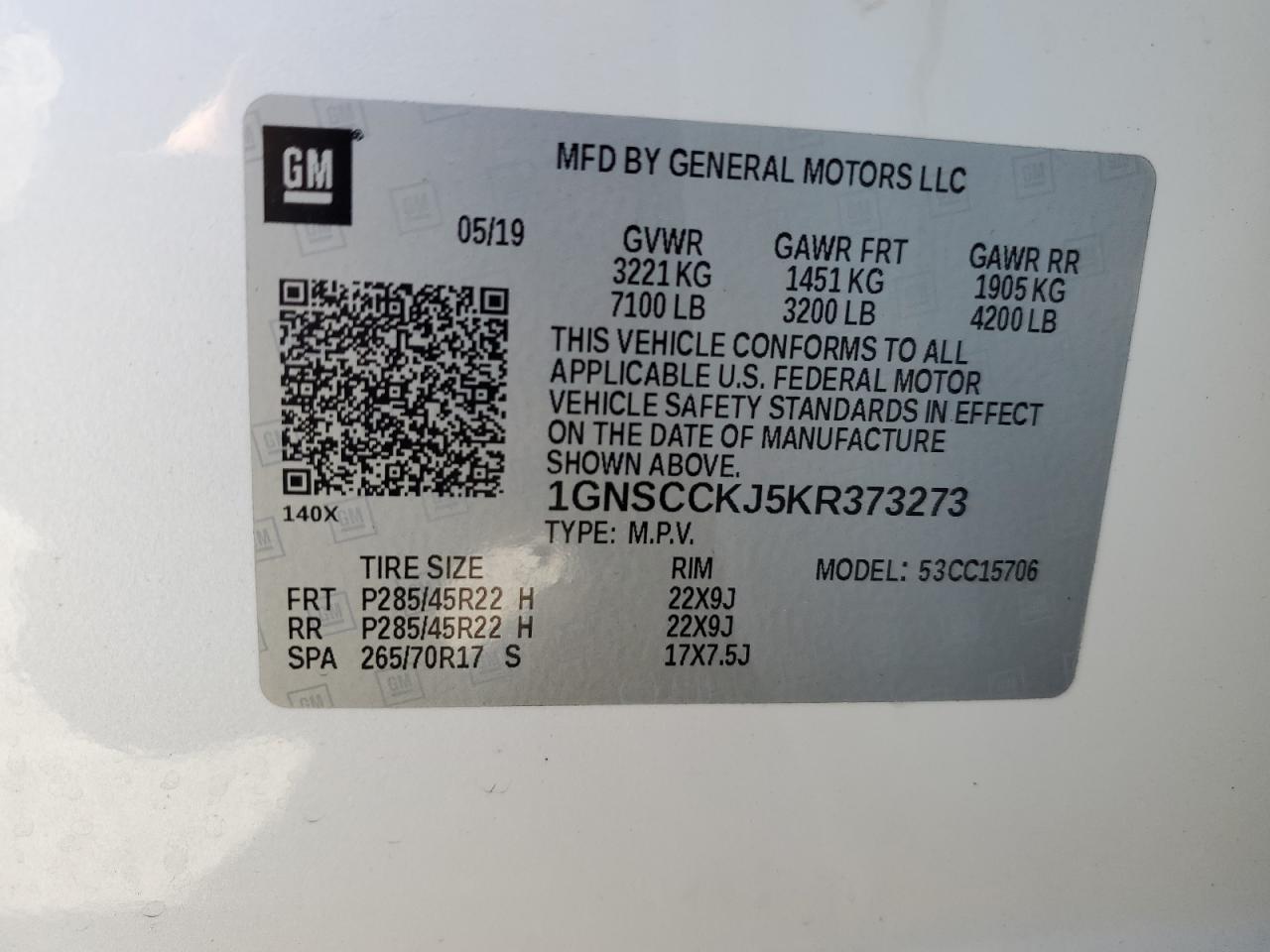 2019 Chevrolet Tahoe C1500 Premier VIN: 1GNSCCKJ5KR373273 Lot: 83052134