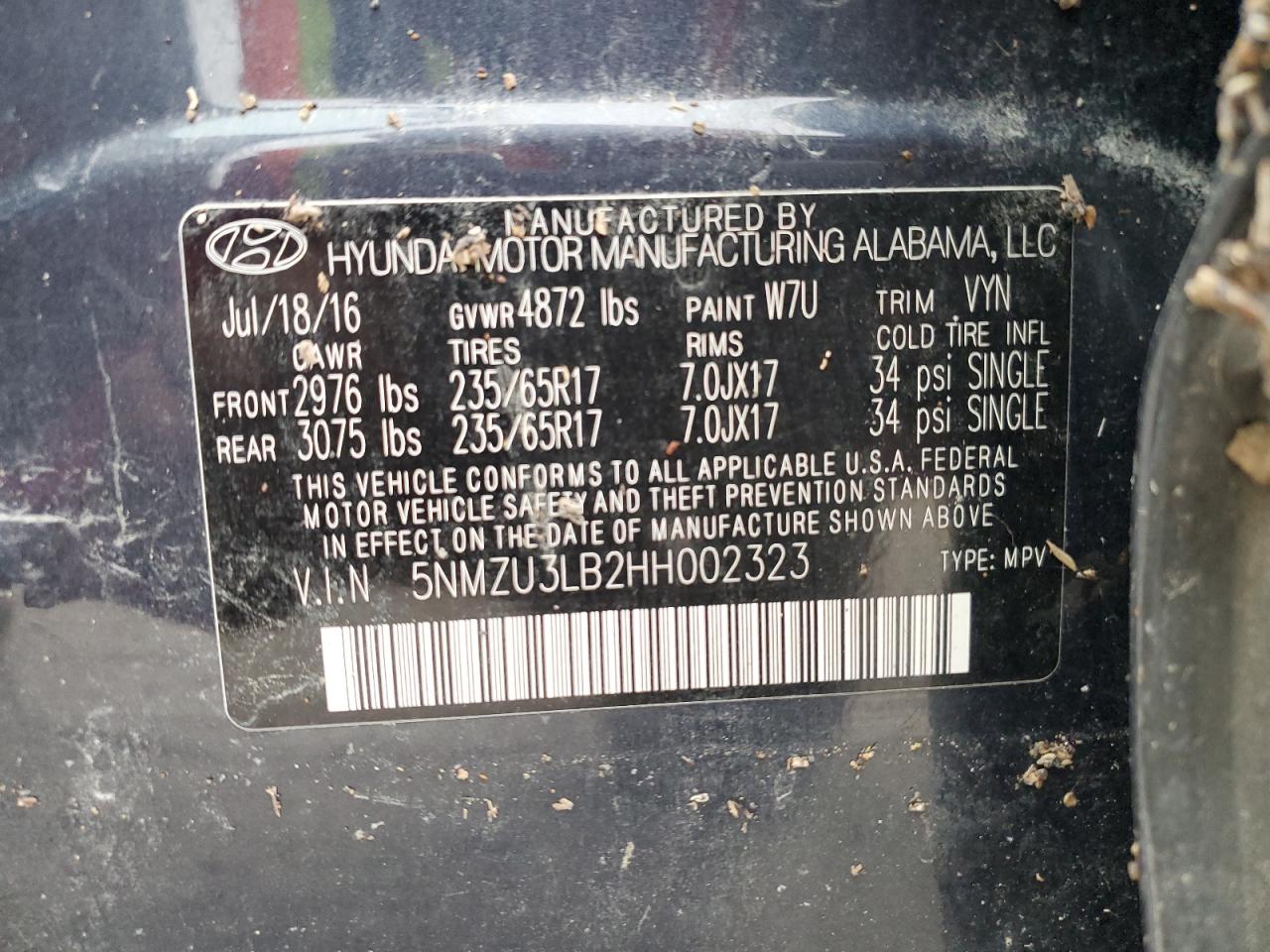 2017 Hyundai Santa Fe Sport VIN: 5NMZU3LB2HH002323 Lot: 84953634