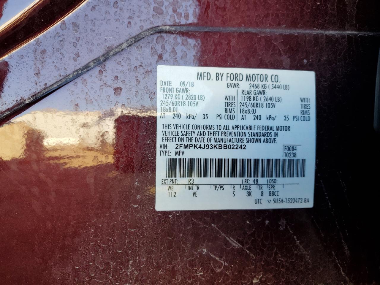 2019 Ford Edge Sel VIN: 2FMPK4J93KBB02242 Lot: 82559084