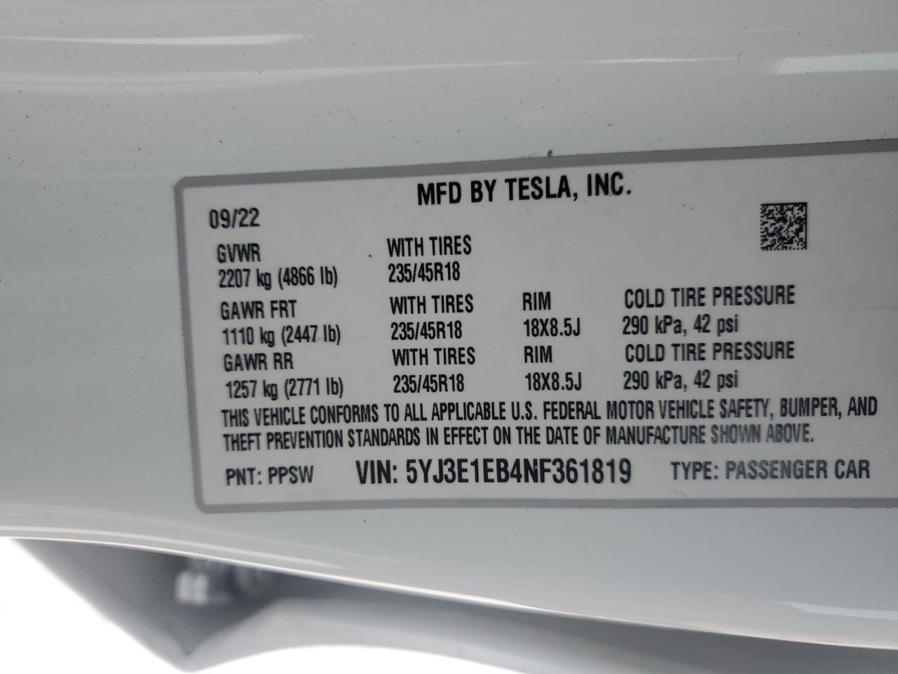 2022 Tesla Model 3 VIN: 5YJ3E1EB4NF361819 Lot: 85768834