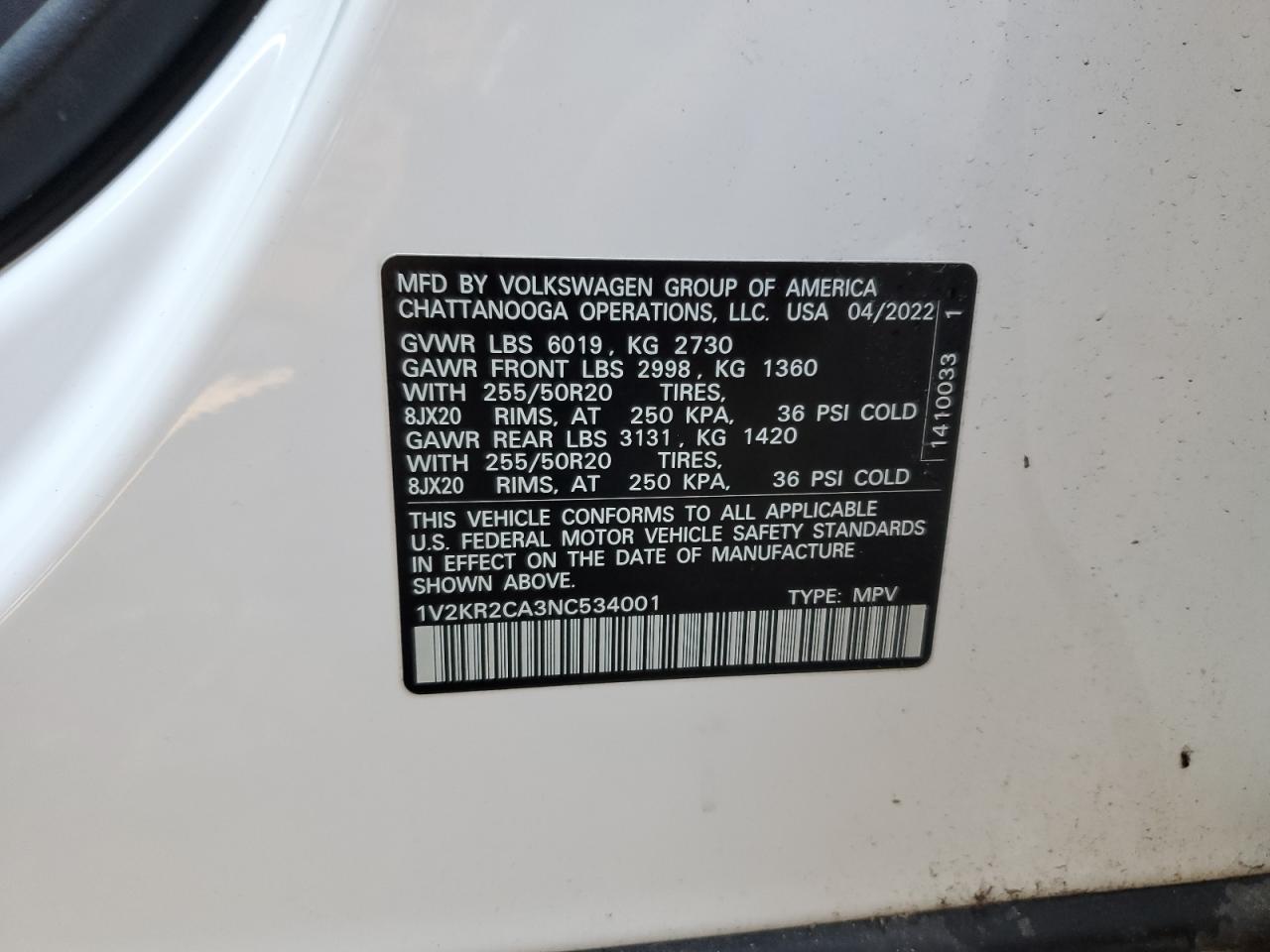 VIN 1V2KR2CA3NC534001 2022 VOLKSWAGEN ATLAS no.13