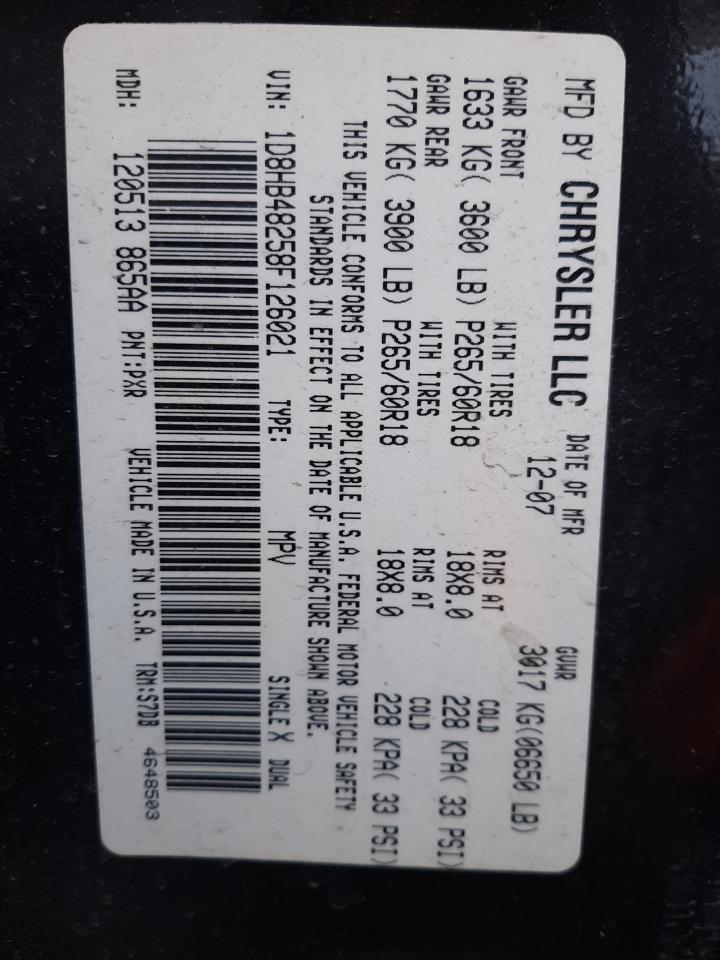 2008 Dodge Durango Slt VIN: 1D8HB48258F126021 Lot: 79660694