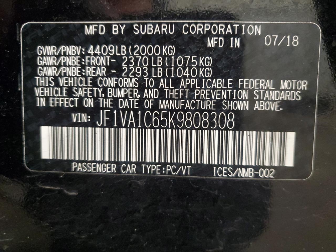 2019 Subaru Wrx Premium VIN: JF1VA1C65K9808308 Lot: 82382964