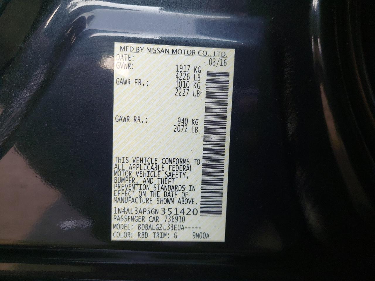 1N4AL3AP5GN351420 - 2016 Nissan Altima - #86666614