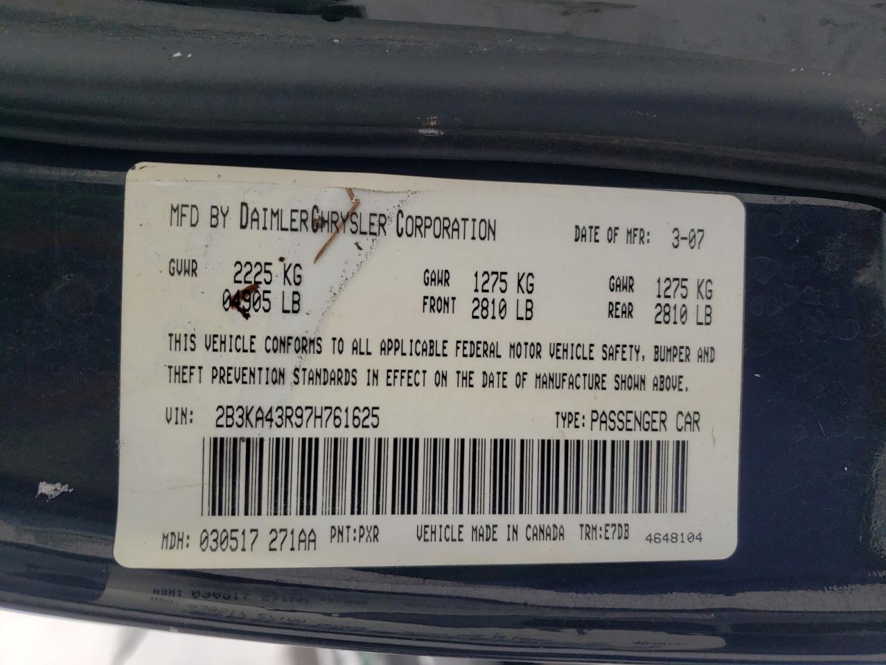 2007 Dodge Charger Se VIN: 2B3KA43R97H761625 Lot: 85340944