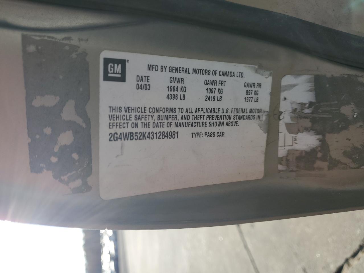 2003 Buick Regal Ls VIN: 2G4WB52K431284981 Lot: 86127334