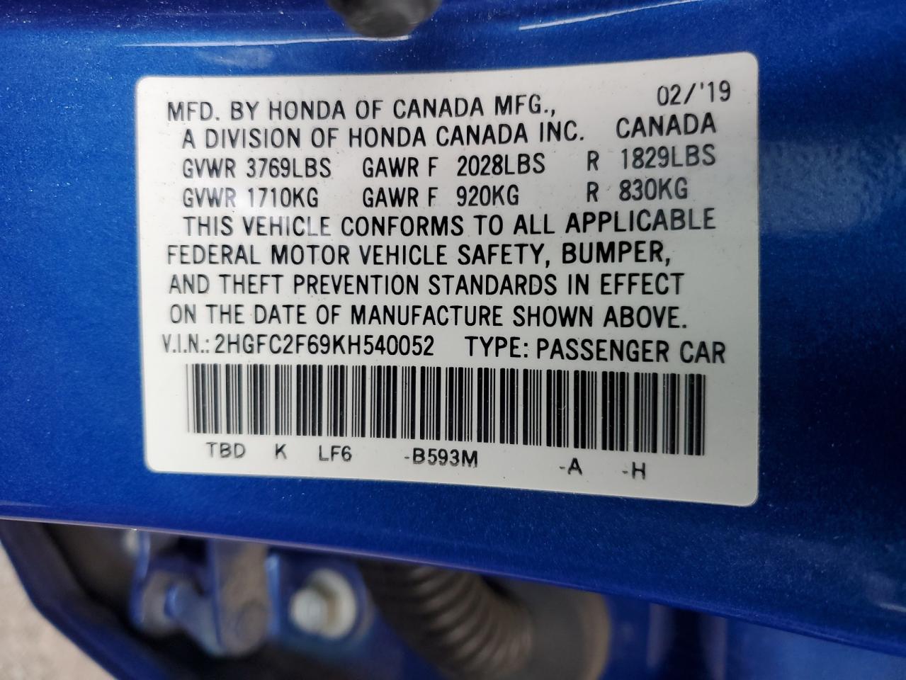 2019 Honda Civic Lx VIN: 2HGFC2F69KH540052 Lot: 85513994