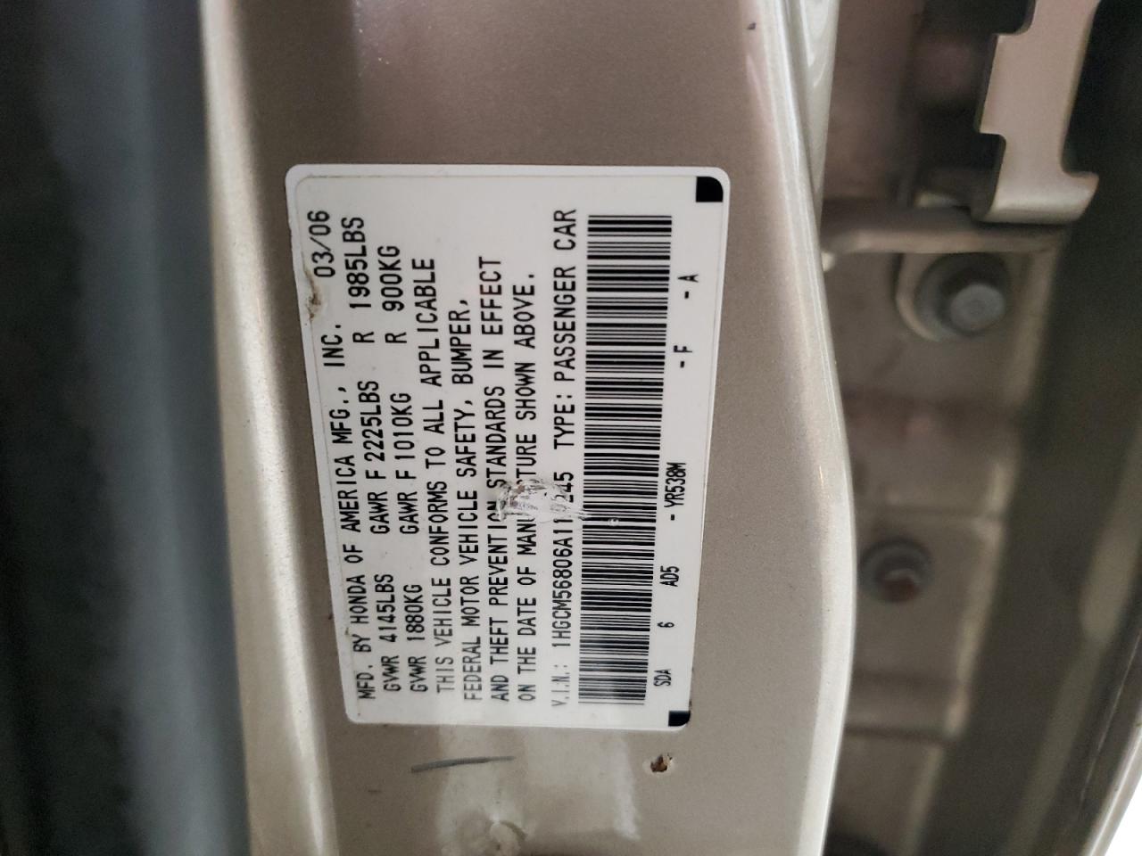 2006 Honda Accord Ex VIN: 1HGCM56806A115245 Lot: 87802015