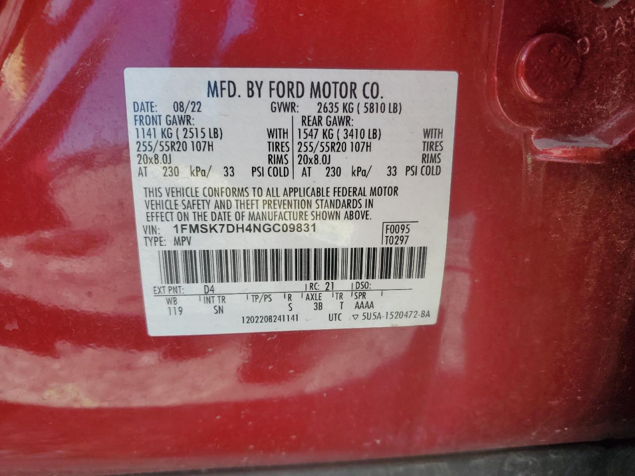 2022 Ford Explorer Xlt VIN: 1FMSK7DH4NGC09831 Lot: 84727704