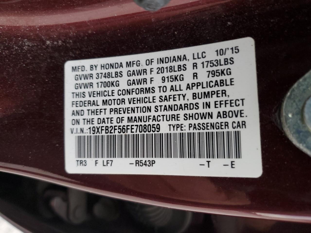 VIN 19XFB2F56FE708059 2015 HONDA CIVIC no.12