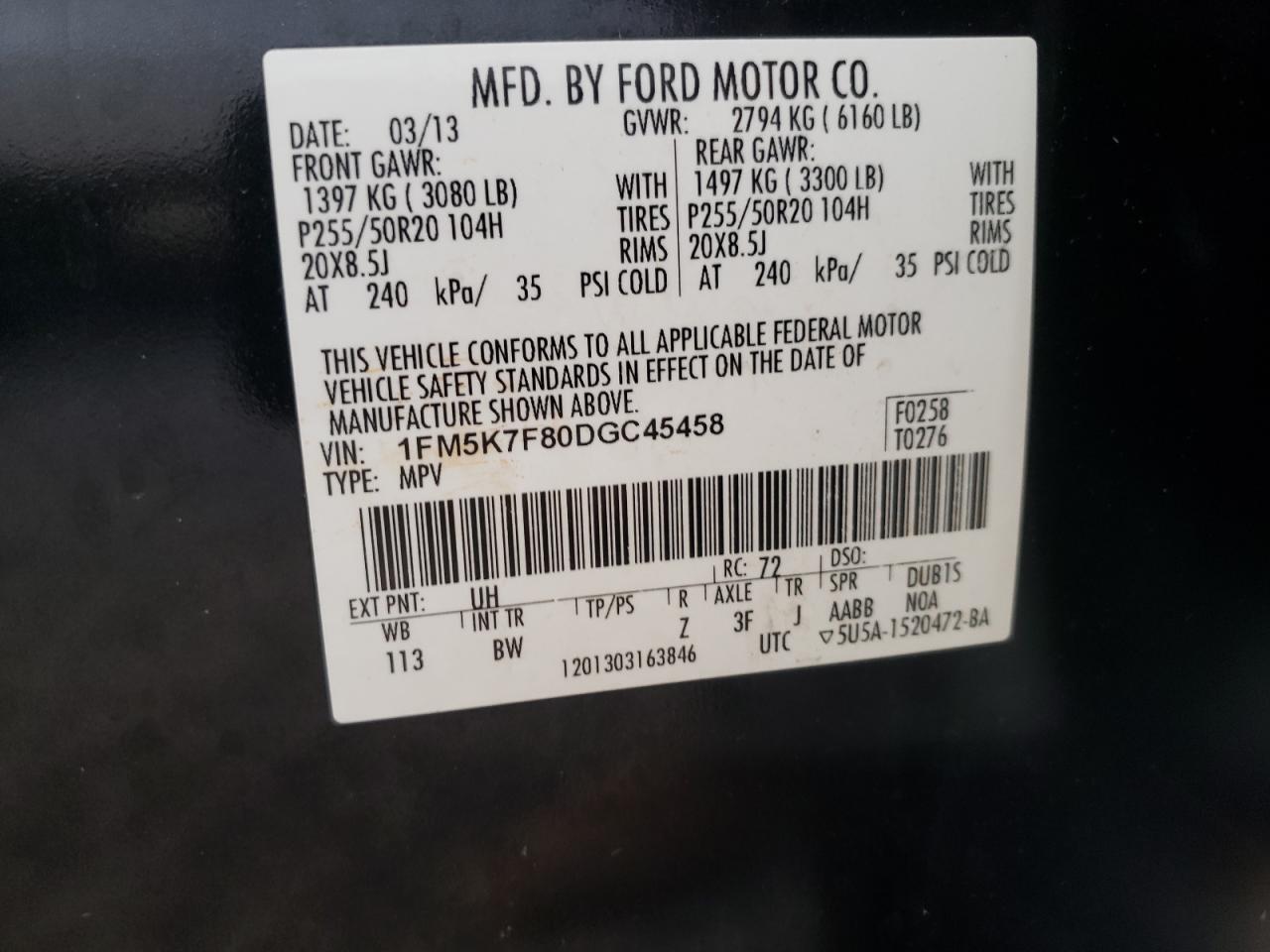 2013 Ford Explorer Limited VIN: 1FM5K7F80DGC45458 Lot: 82996004