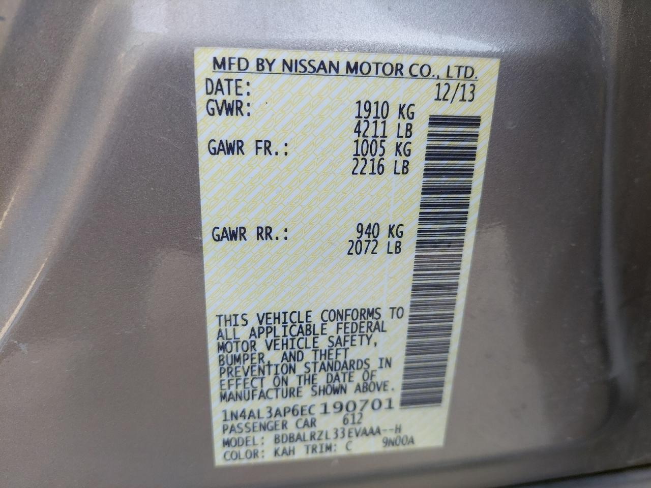 1N4AL3AP6EC190701 - 2014 NISSAN ALTIMA - #85353444