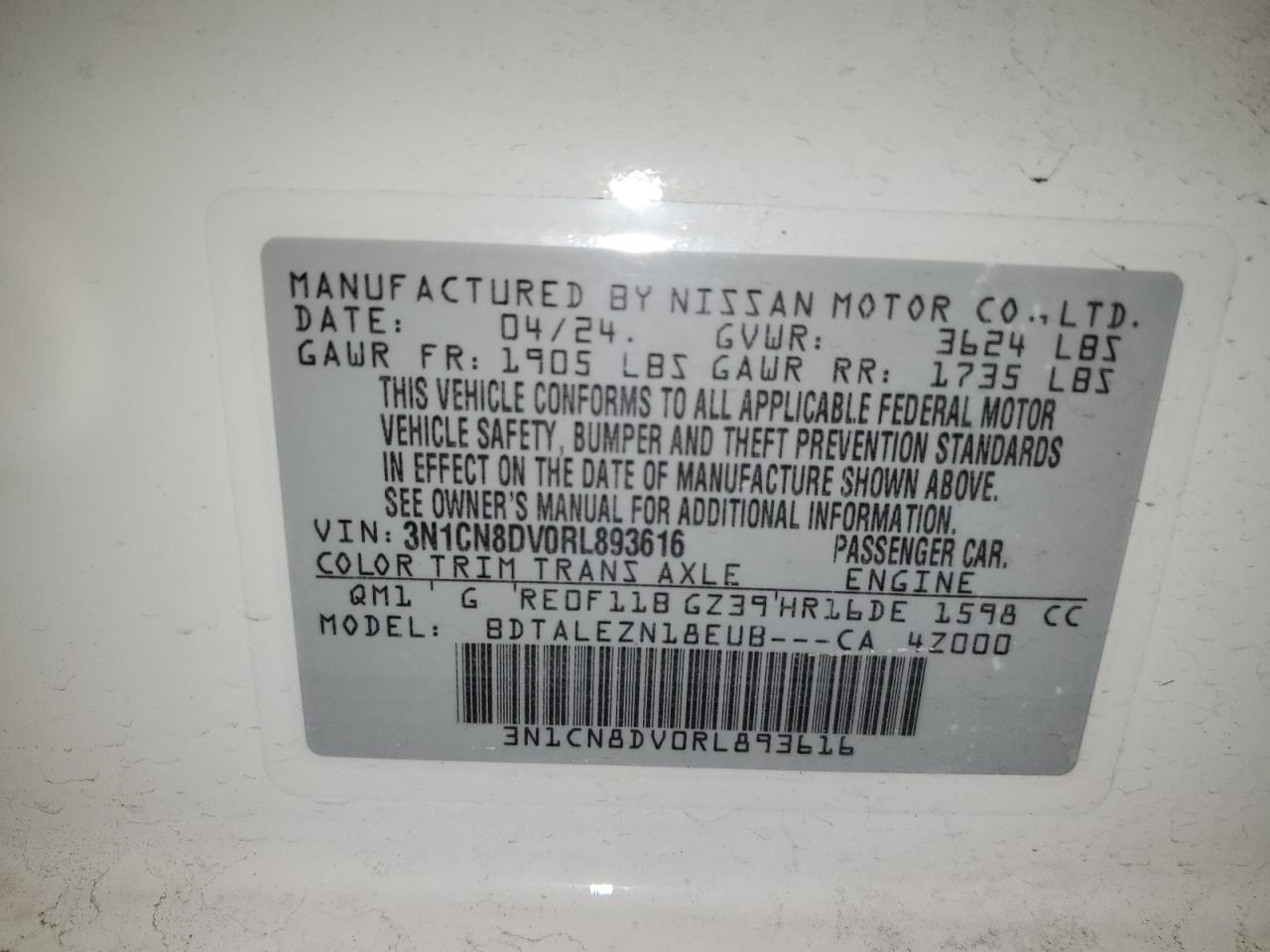 VIN 3N1CN8DV0RL893616 2024 NISSAN VERSA no.12