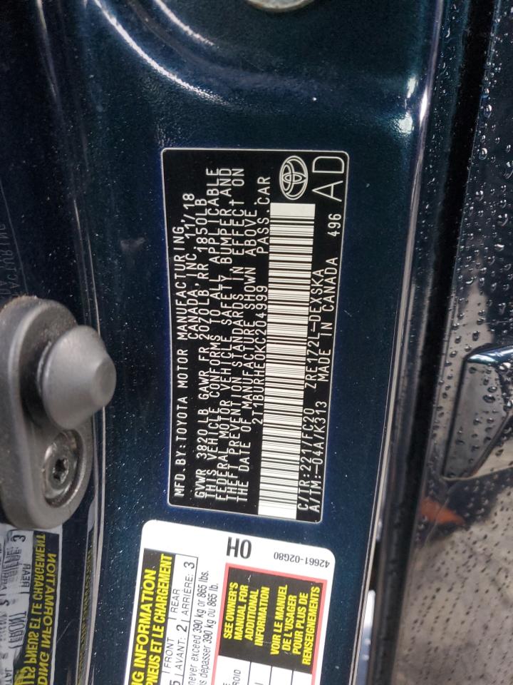 2019 Toyota Corolla L VIN: 2T1BURHE0KC204999 Lot: 84866274