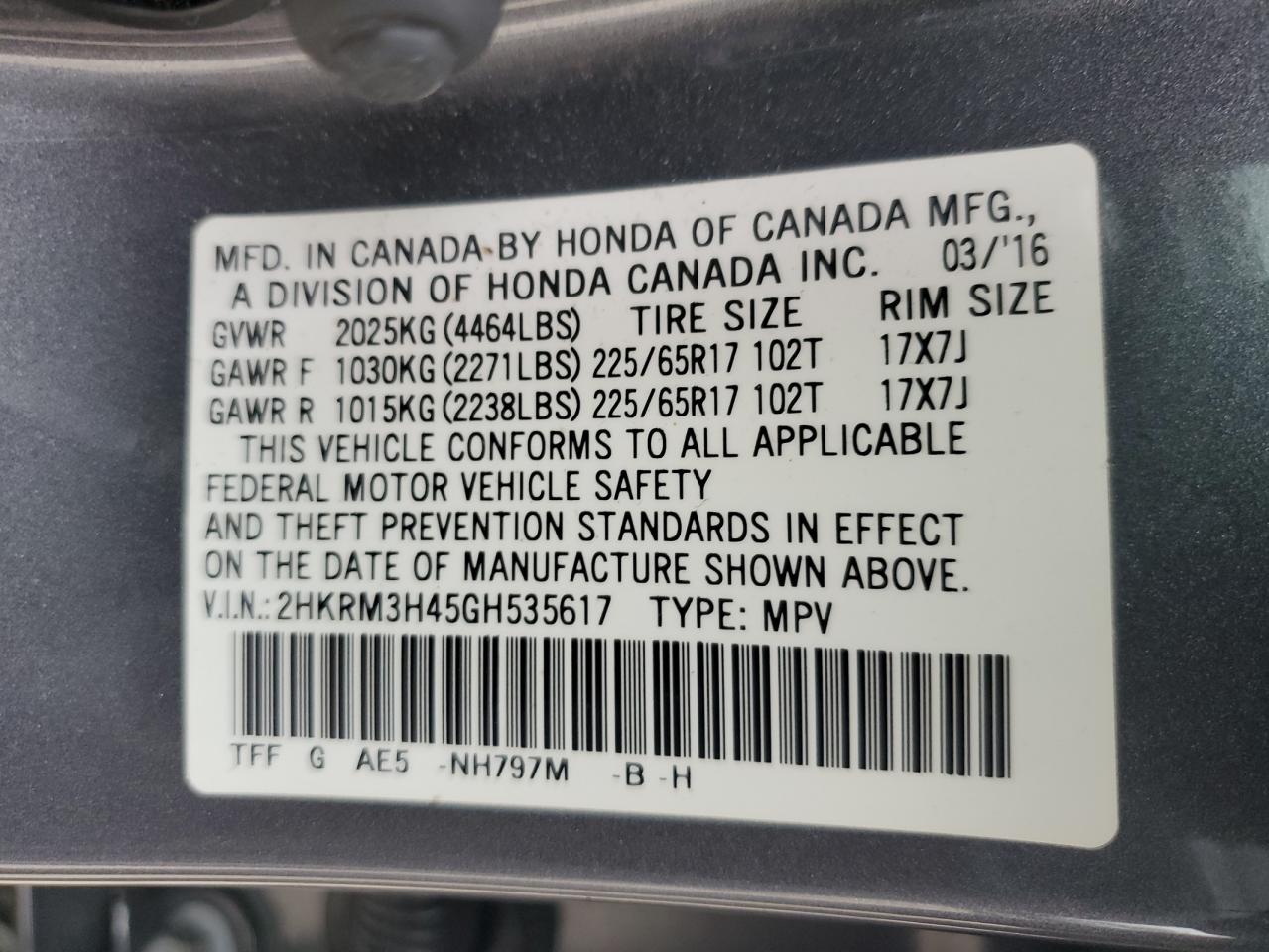 VIN 2HKRM3H45GH535617 2016 HONDA CRV no.14