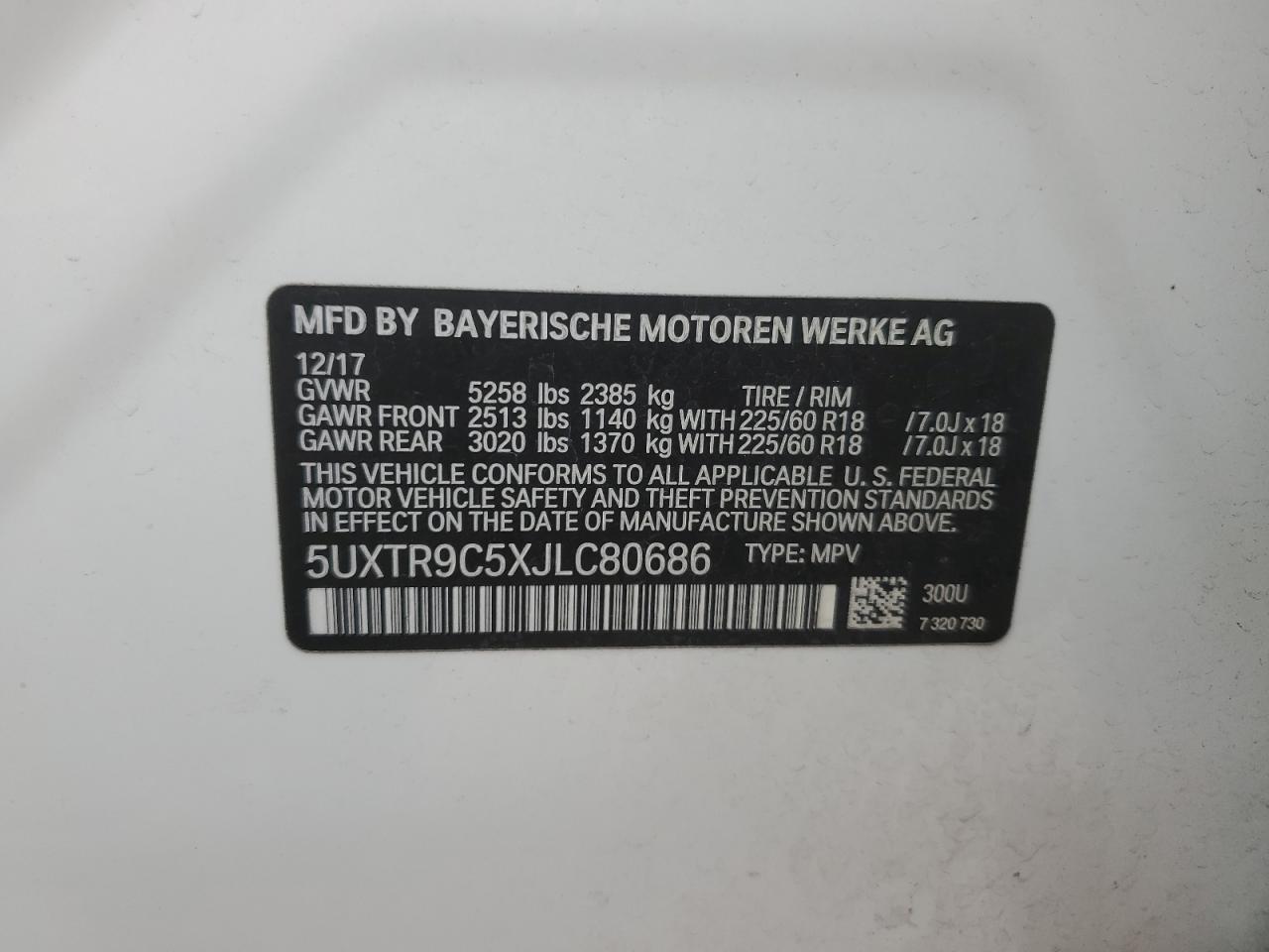 2018 BMW X3 xDrive30I VIN: 5UXTR9C5XJLC80686 Lot: 85458254