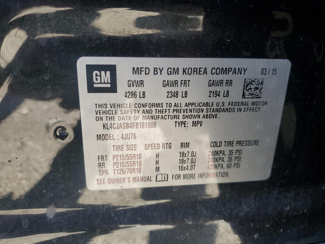 2015 BUICK ENCORE with REAR END damage, VIN KL4CJASB4FB161988